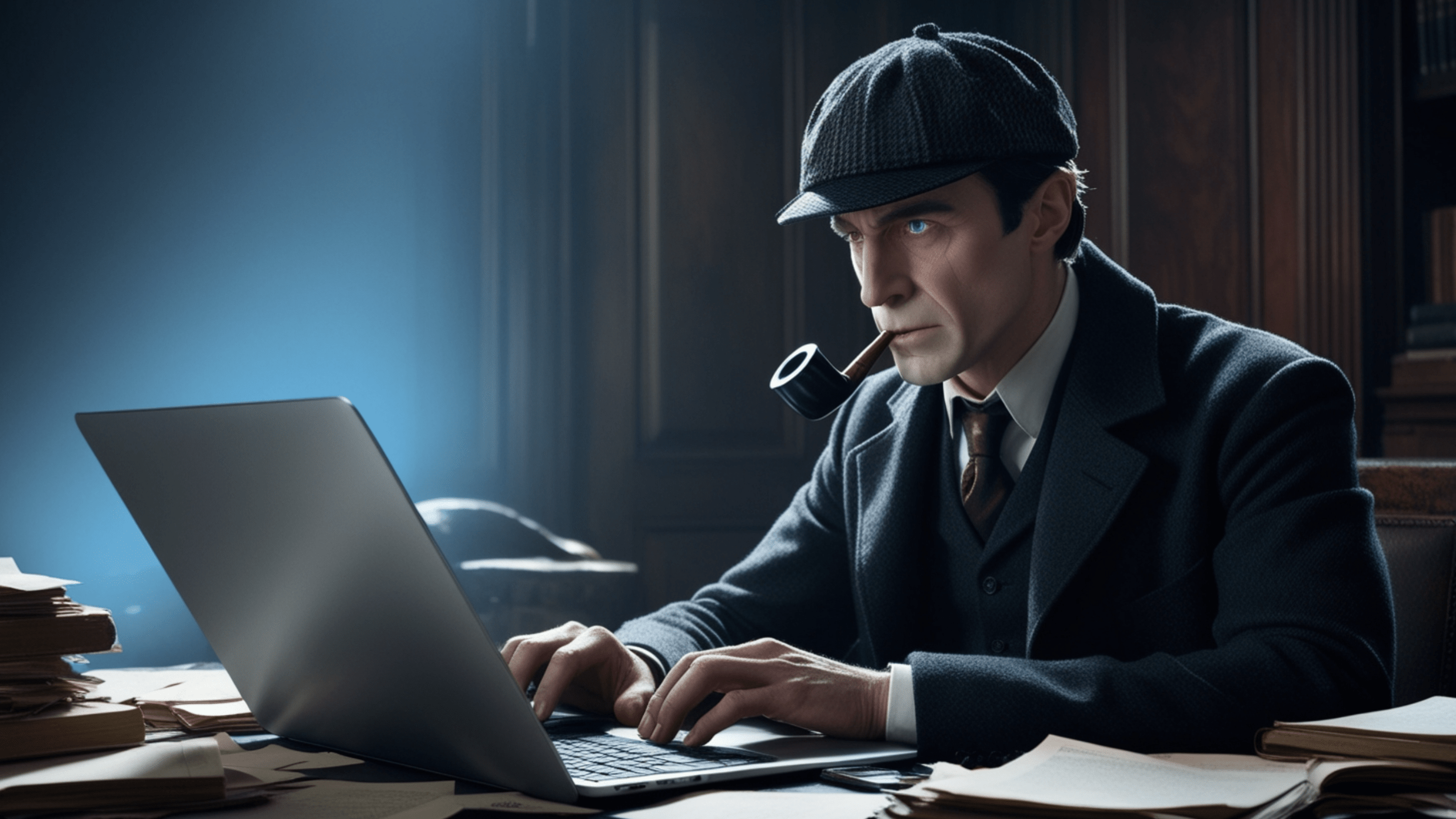 A Sherlock Holmes-style investigator conducting research on a laptop.